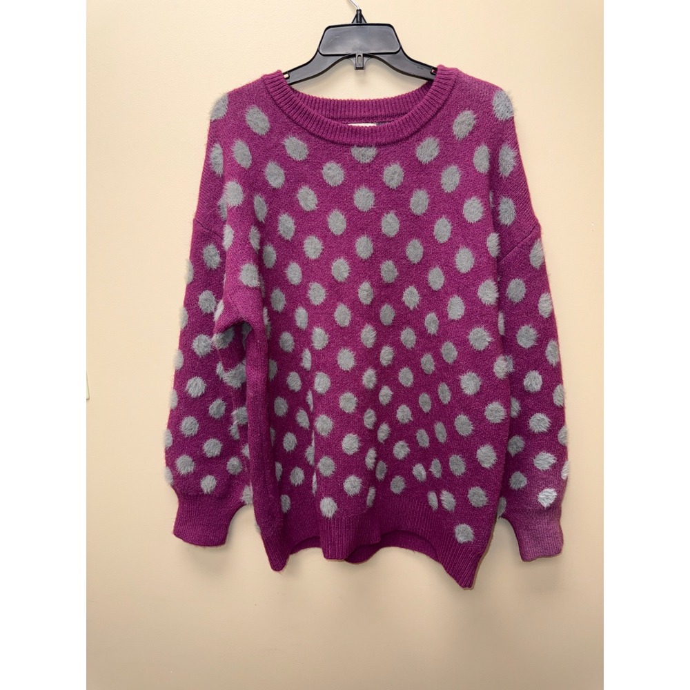 Cotton Bleu Womens Magenta Purple Fuzzy Polka Dot Oversized Knit Sweater Small